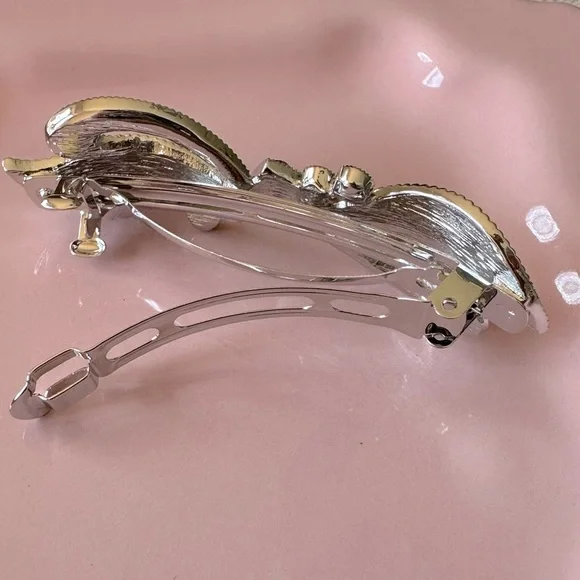 Purple Enamel and Crystal Bow & Heart Hair Barrette - Picture 4 of 7